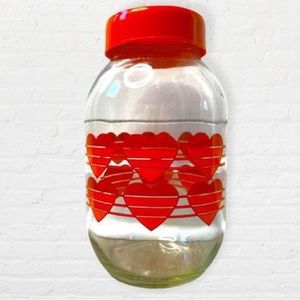 Valentines Heart Jar, Carlton Red Heart Glass Canister with Red Lid, vintage gla